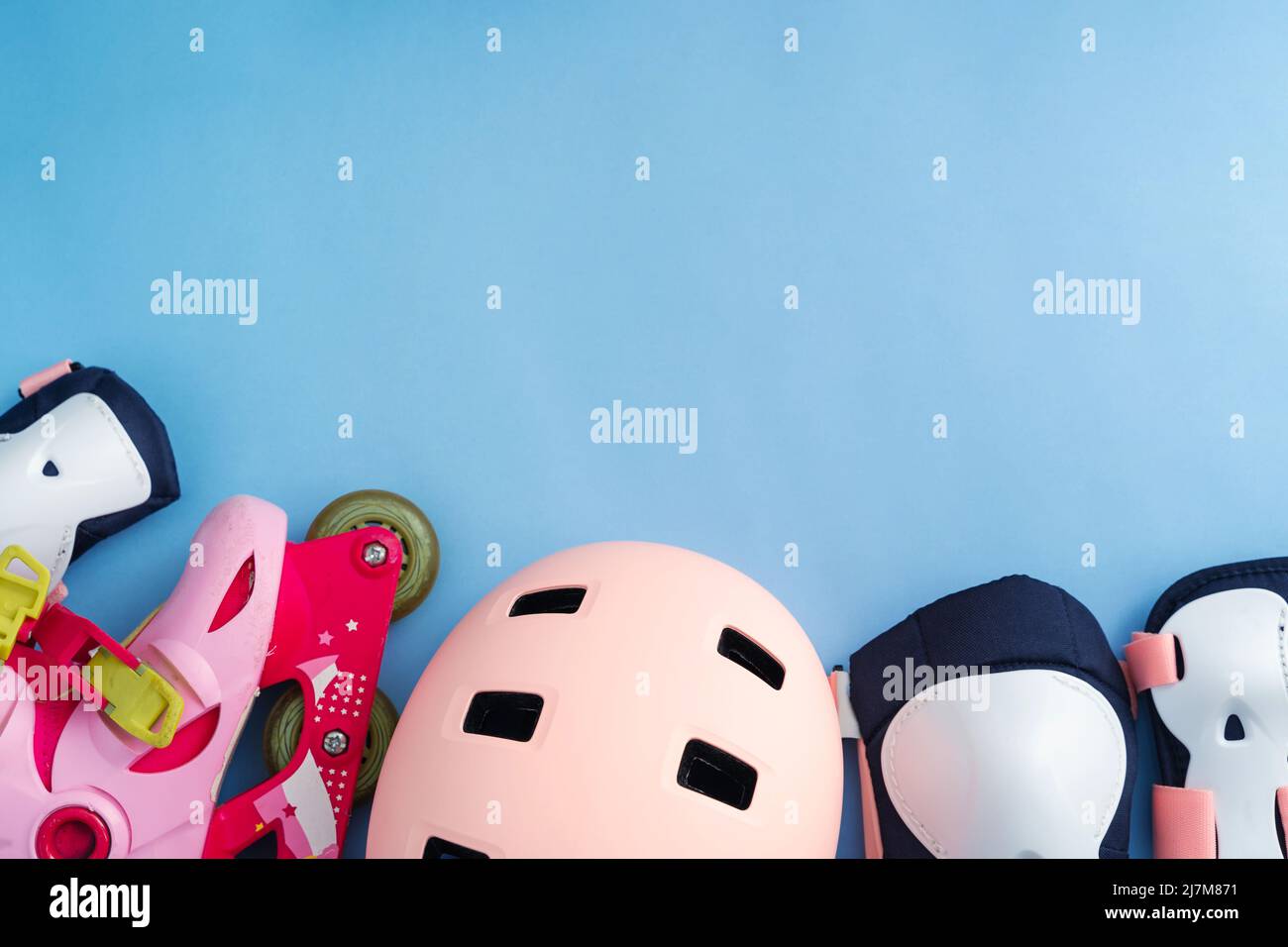 Top view of roller skates protective gear set knee, elbow and wrist