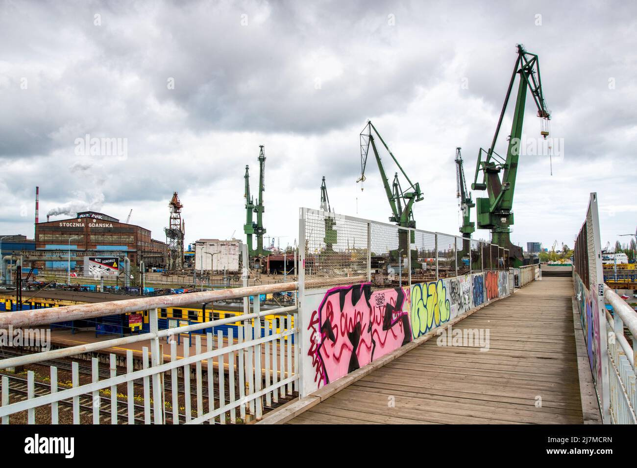 green giant cranes on the skylnie at the shipyard in gdansk poland Stock Photo