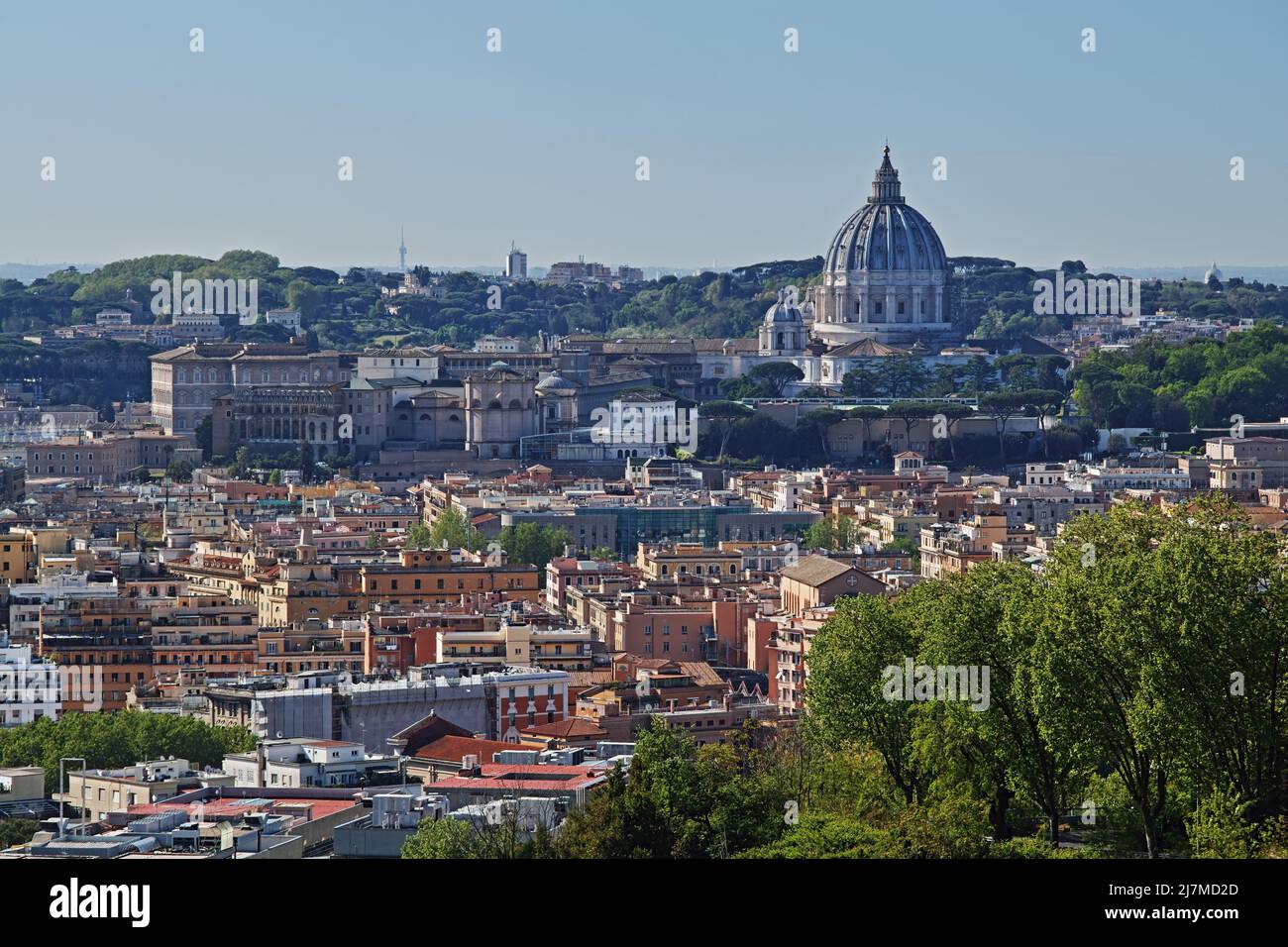 dome of the St. Peter's basilica, the Vatican city and a glimpse of the north-west part of Rome Stock Photo