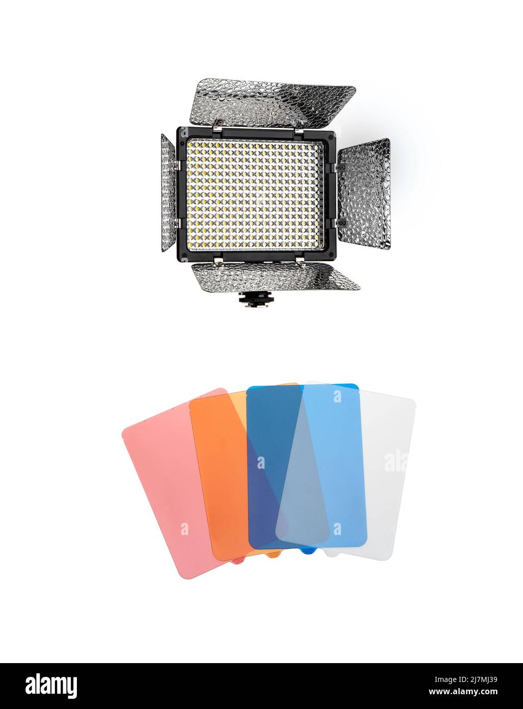 Photo and video lamp. LED lamp with special shutters for the formation of light flux. Photo and video lighting fixture. Color filters for changing the Stock Photo