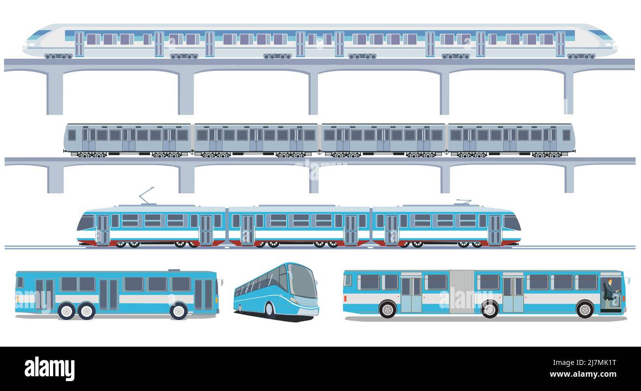 Transport by train and bus, public transport transportation, set illustration Stock Vector