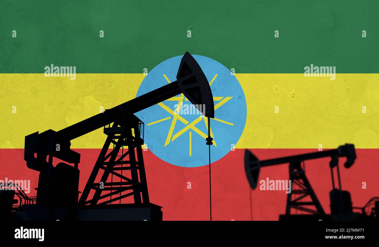 Oil and gas industry background. Oil pump silhouette against ethiopia