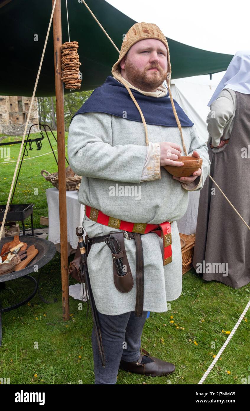 People in Medieval Costumes at Spynie Palace Scotland Stock Photo