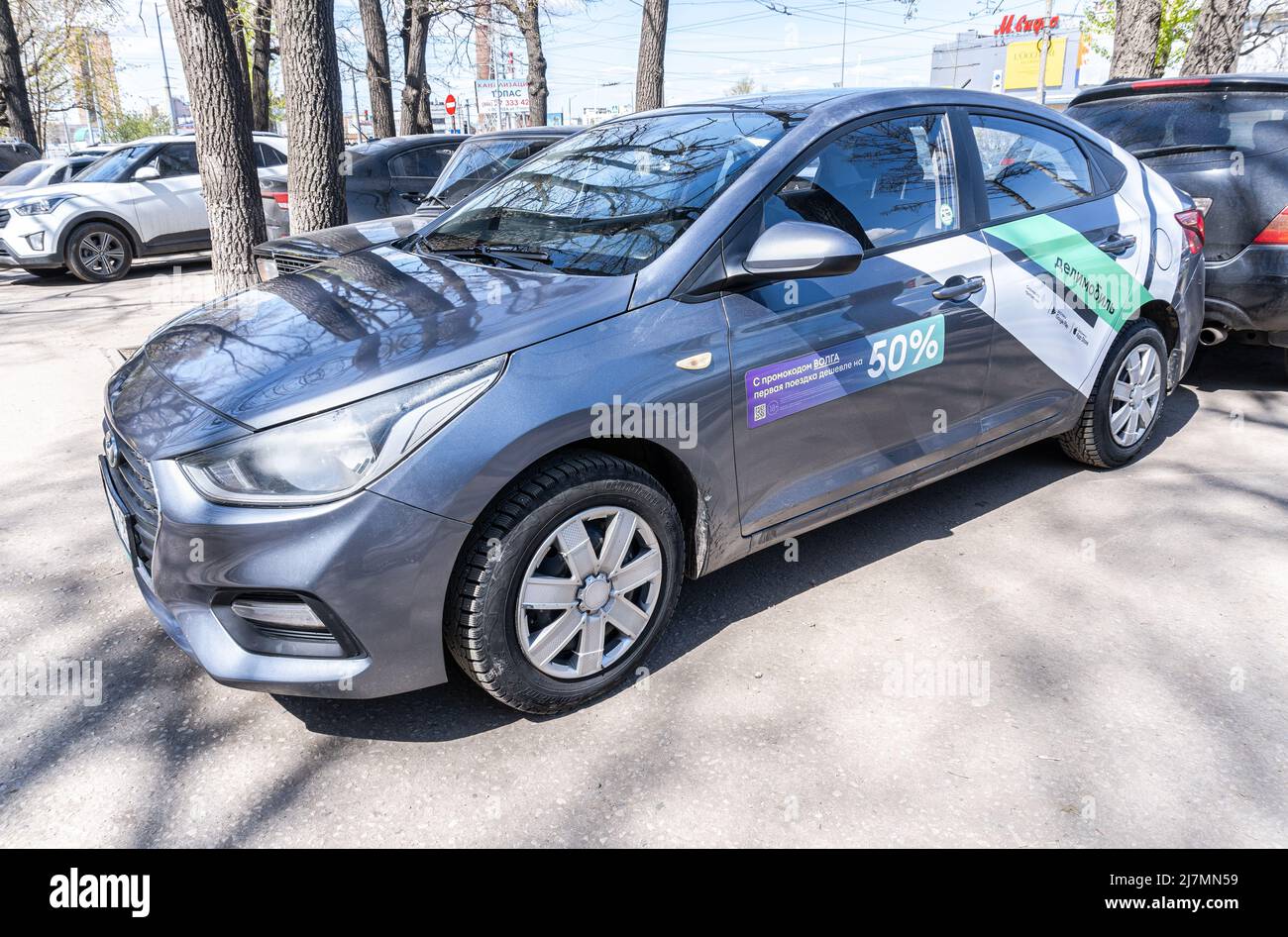Samara, Russia May 2, 2022 Car sharing Delimobil vehicle parked on