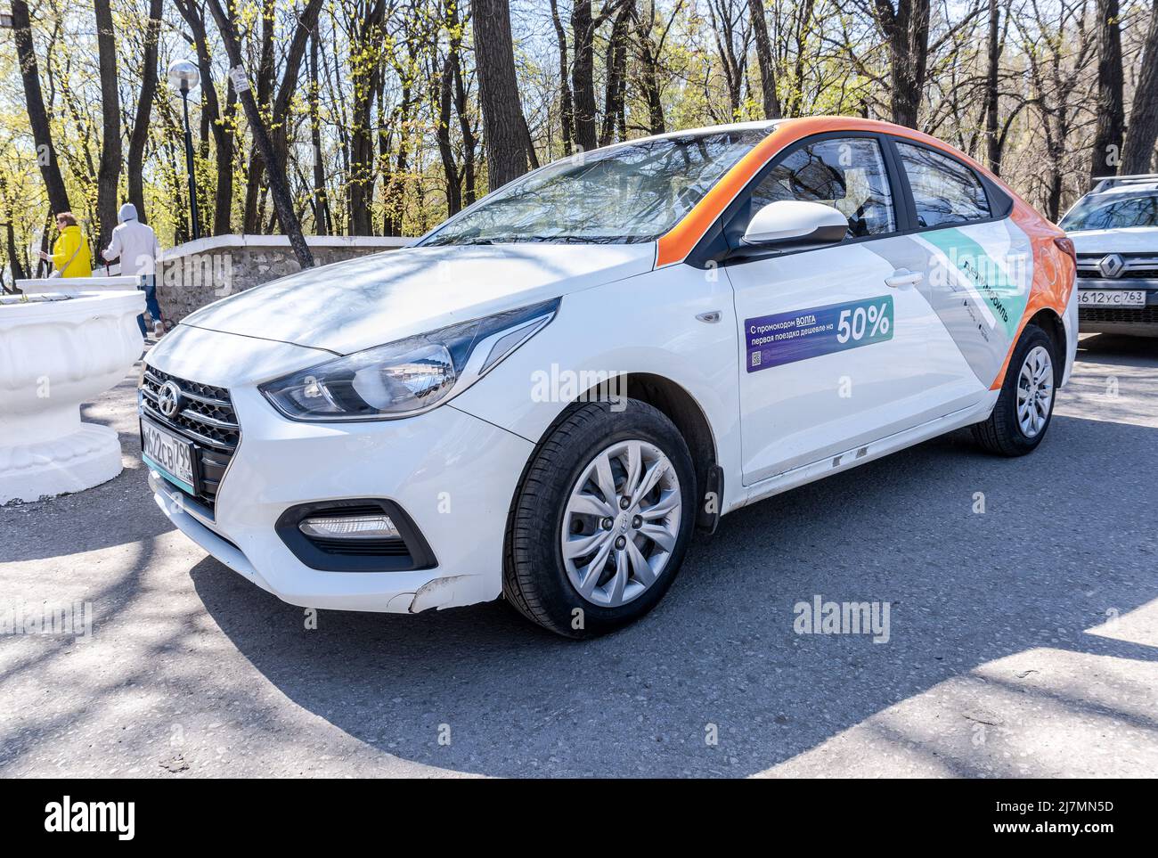 Samara, Russia May 2, 2022 Car sharing Delimobil vehicle parked on