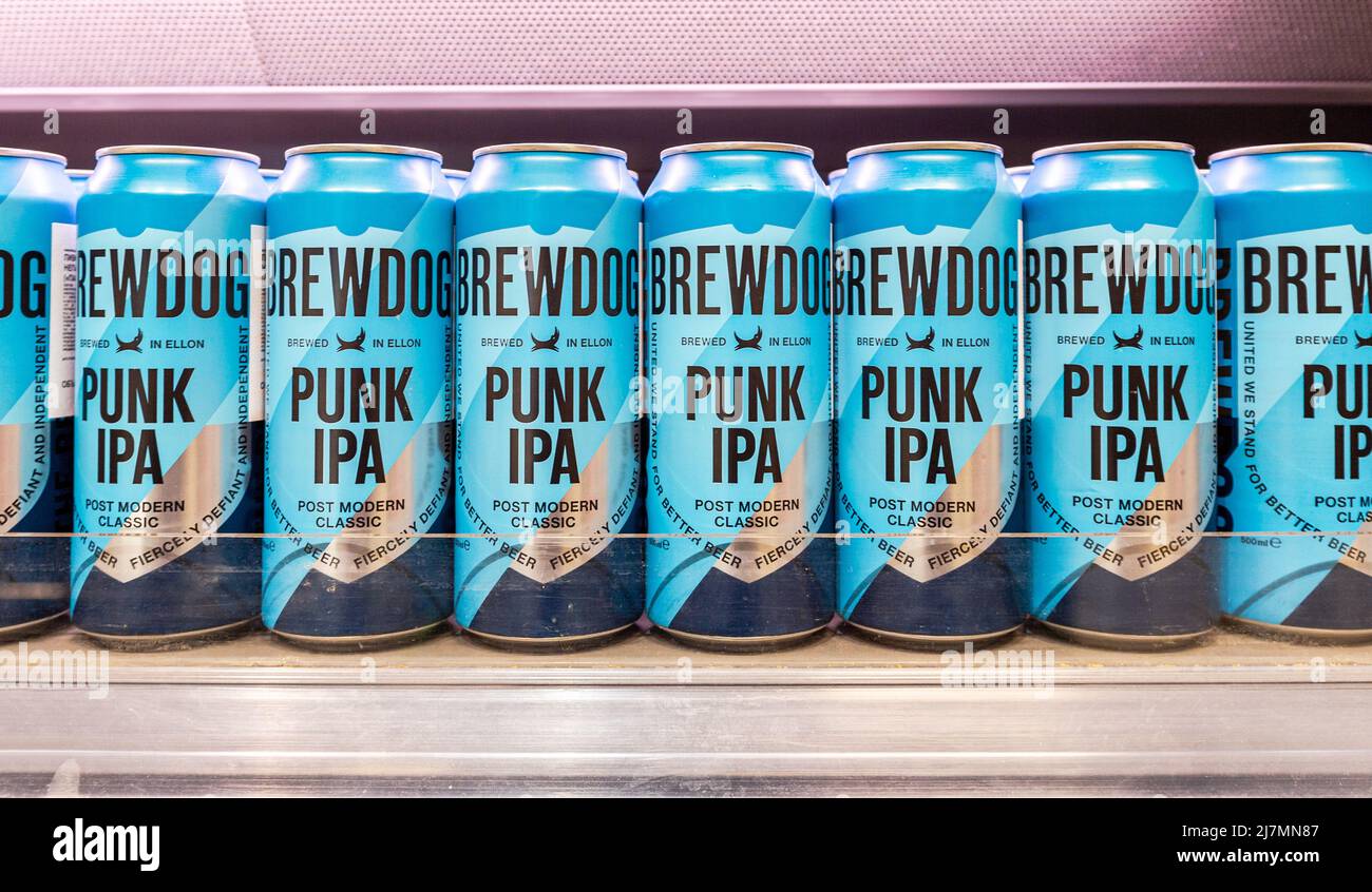 Samara, Russia - May 3, 2022: Punk Ipa alcoholic canned beer on the shelf in superstore. Various canned alcoholic beverages and spirit drinks Stock Photo