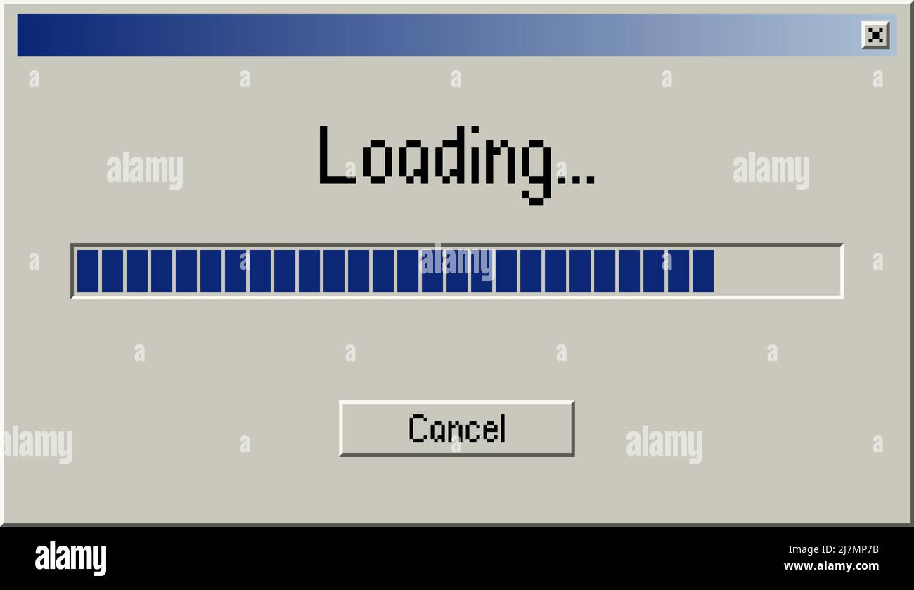 Retro loading bar, alert window on computer monitor with loading message vector illustration. Classic style of upload progress in old system user inte Stock Vector