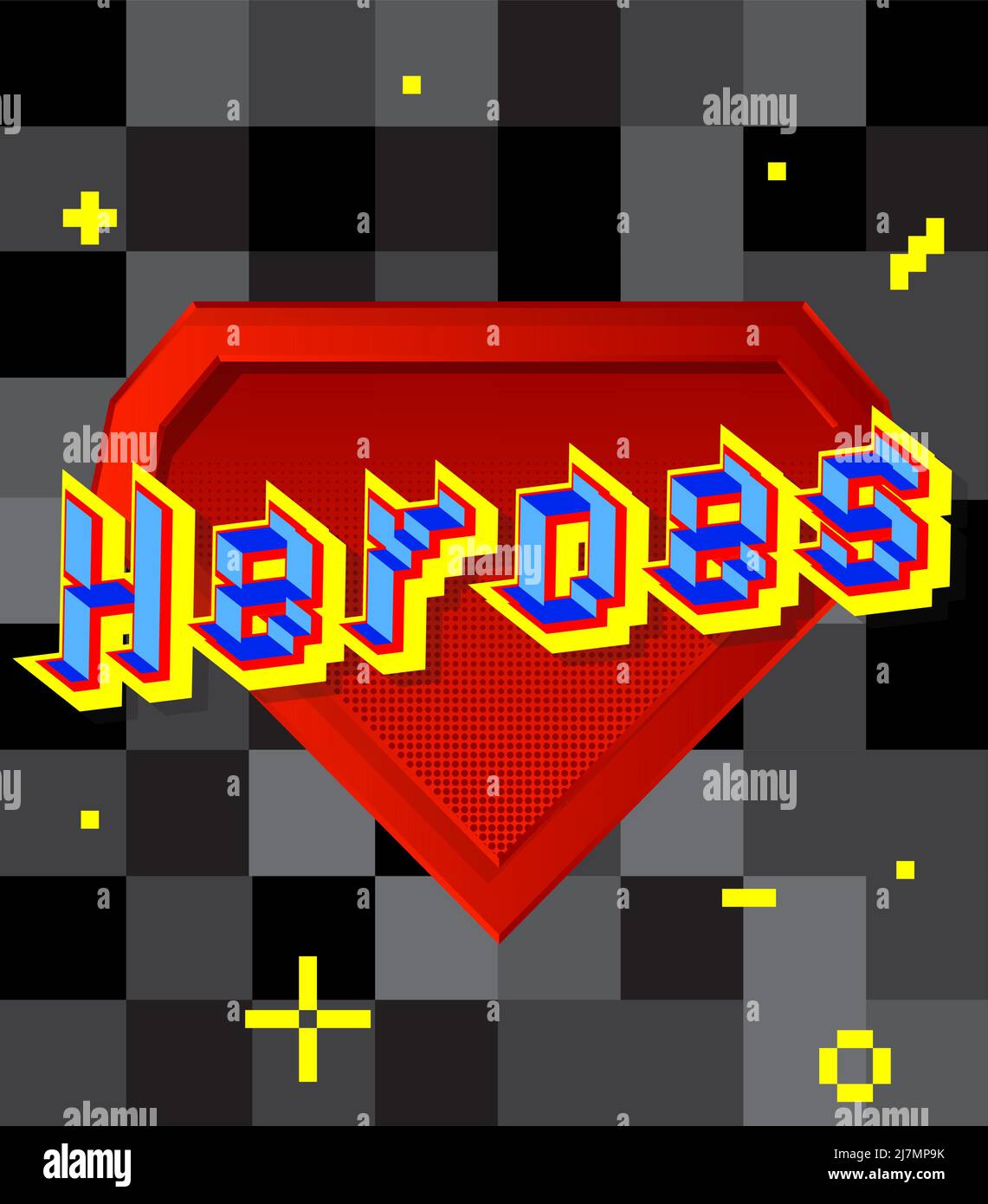 Heroes pixelated word with geometric graphic background. Vector cartoon illustration. Stock Vector