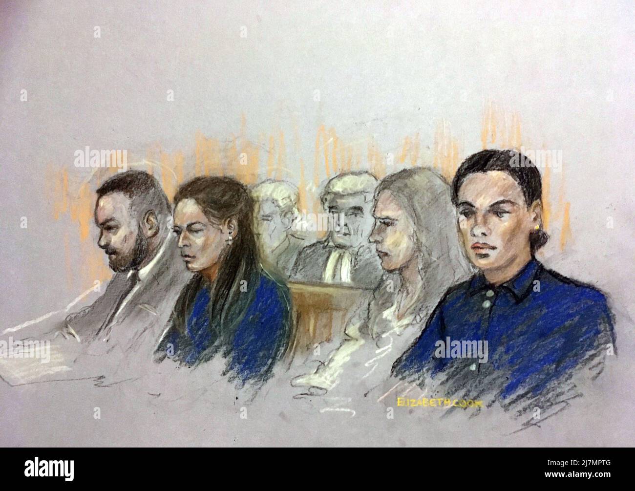 Court artist sketch by Elizabeth Cook of Coleen and Wayne Rooney (left) and Rebekah Vardy (right) sitting near to each other in the front row at court prior to Vardy giving evidence at the Royal Courts Of Justice, London, during the high-profile libel battle between Coleen Rooney and Vardy. Picture date: Tuesday May 10, 2022. Stock Photo