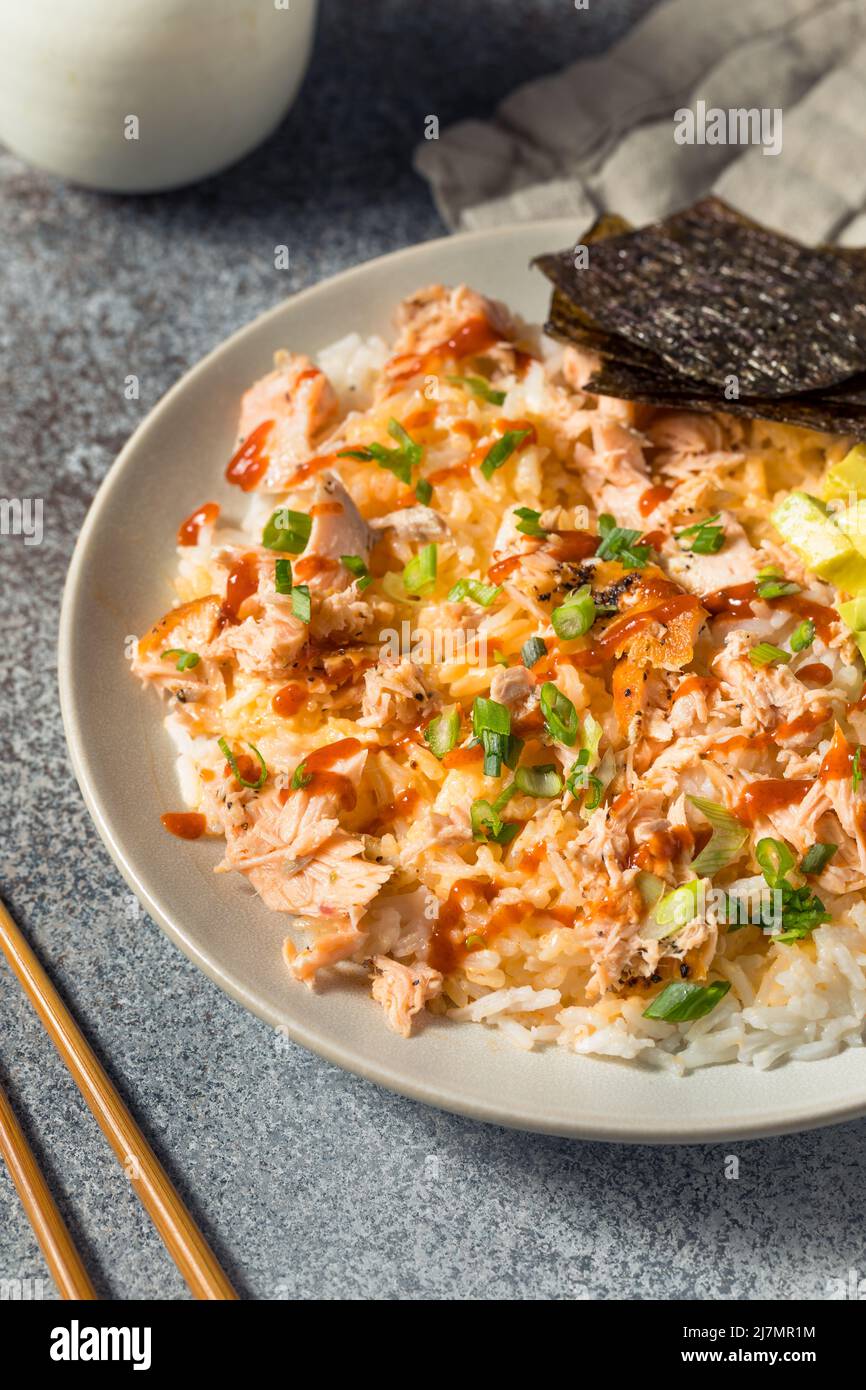Trendy Rice Healthy Trendy Homemade Salmon Rice Bowl with Avocado and Soy Sauce ...