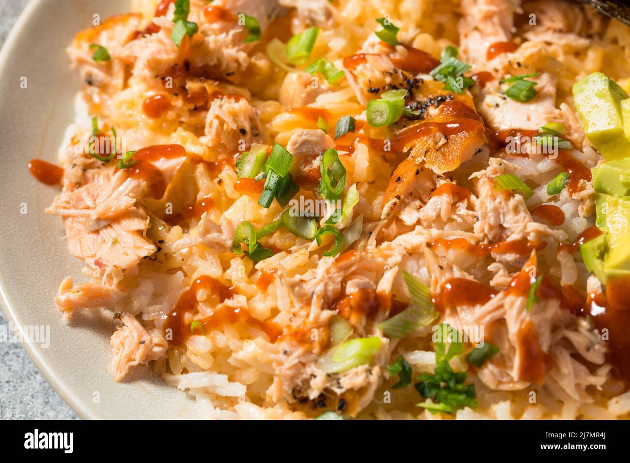 Healthy Trendy Homemade Salmon Rice Bowl with Avocado and Soy Sauce