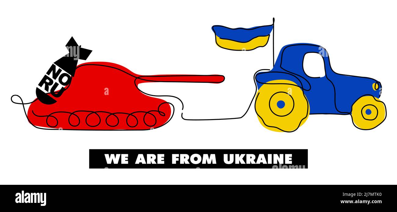 Vector Illustration with tractor in tradition Ukrainian flag colors who transportation Russian tank, and phrase NO RU, WE ARE FROM UKRAINE. Vector Stock Vector