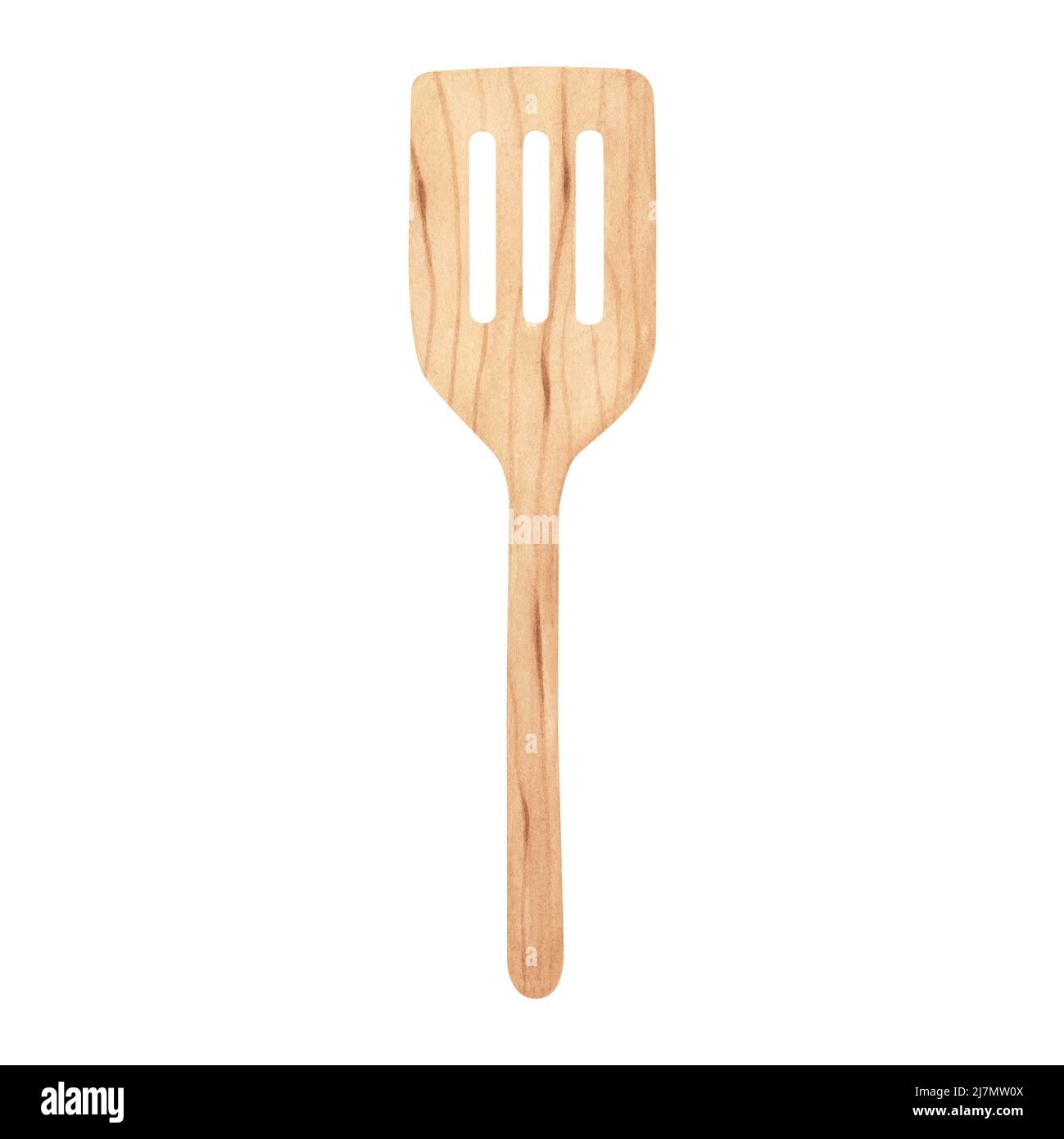 Wooden kitchen utensils: wood spatula. Watercolor illustration isolated on white background. Art for design, textiles, menu, poster Stock Photo