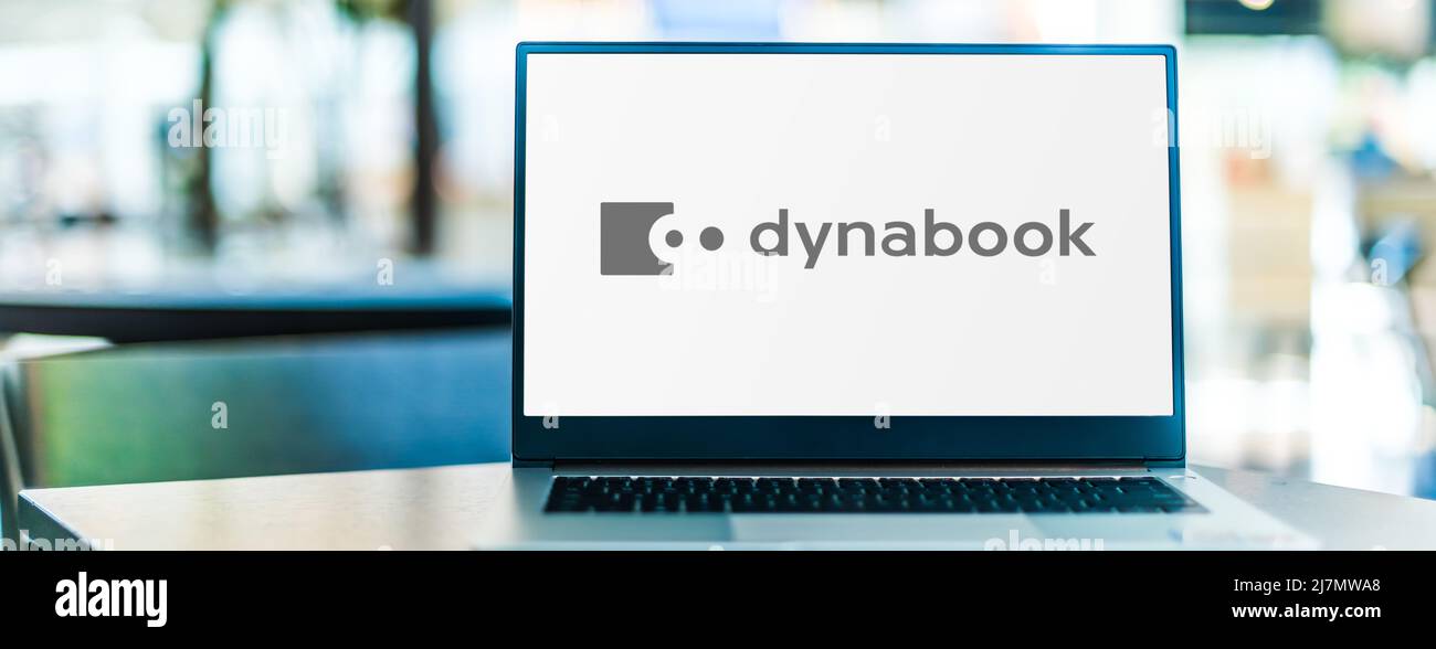 POZNAN, POL - FEB 25, 2022: Laptop computer displaying logo of Dynabook Inc., a Japanese personal computer manufacturer owned by Sharp Corporation Stock Photo