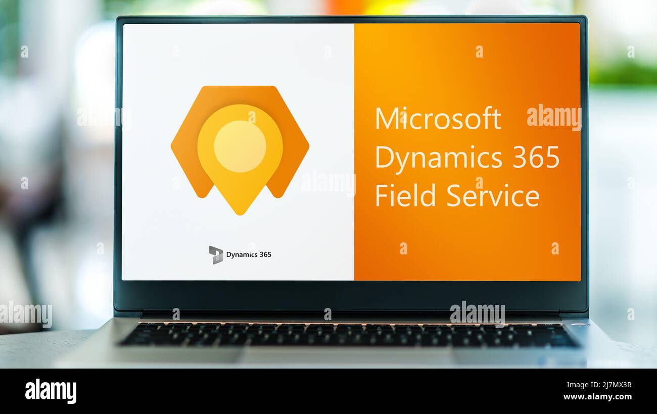 POZNAN, POL APR 9, 2022 Laptop computer displaying logo of Microsoft