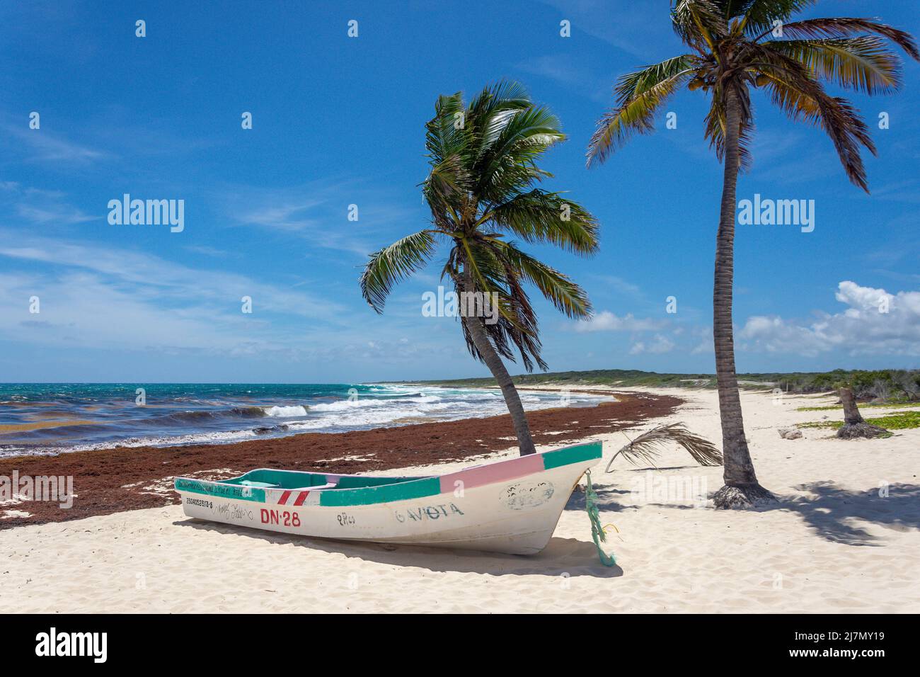 Colourful fishing boat on Playa Chen Rio, Cozumel, Quintana Roo, Mexico Stock Photo