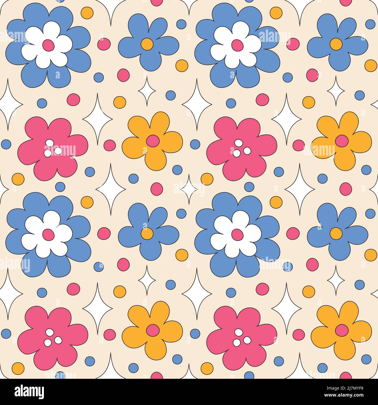 Seamless pattern with retro flowers and sparkles. Stock Vector