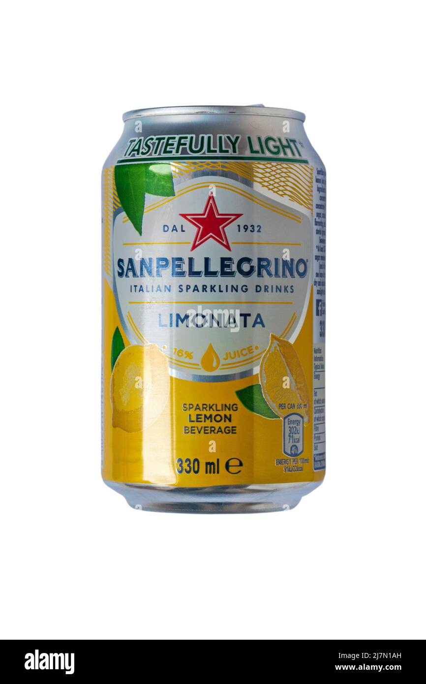 Can of Sanpellegrino limonata drink isolated on white background - sparkling lemon beverage, Italian sparkling drinks Stock Photo
