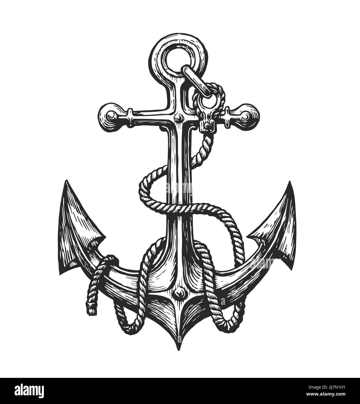 Nautical ship anchor with rope in vintage engraving style. Marine ...