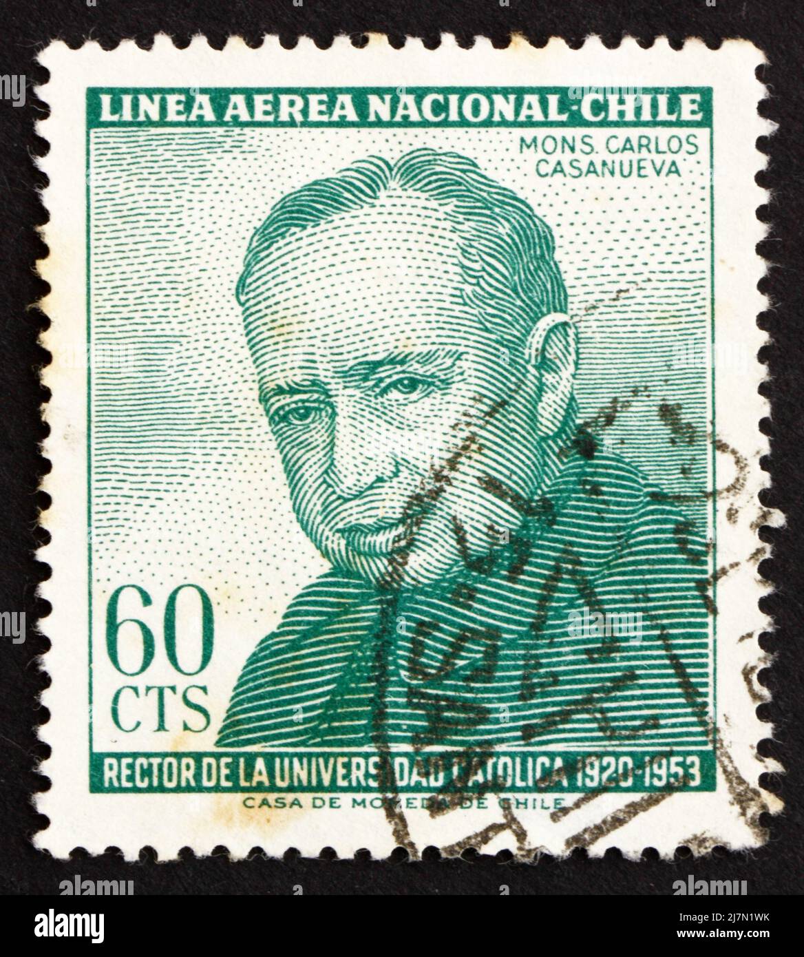 CHILE - CIRCA 1965: a stamp printed in the Chile shows Msgr. Carlos Casanueva, Rector of the Catholic University, circa 1965 Stock Photo