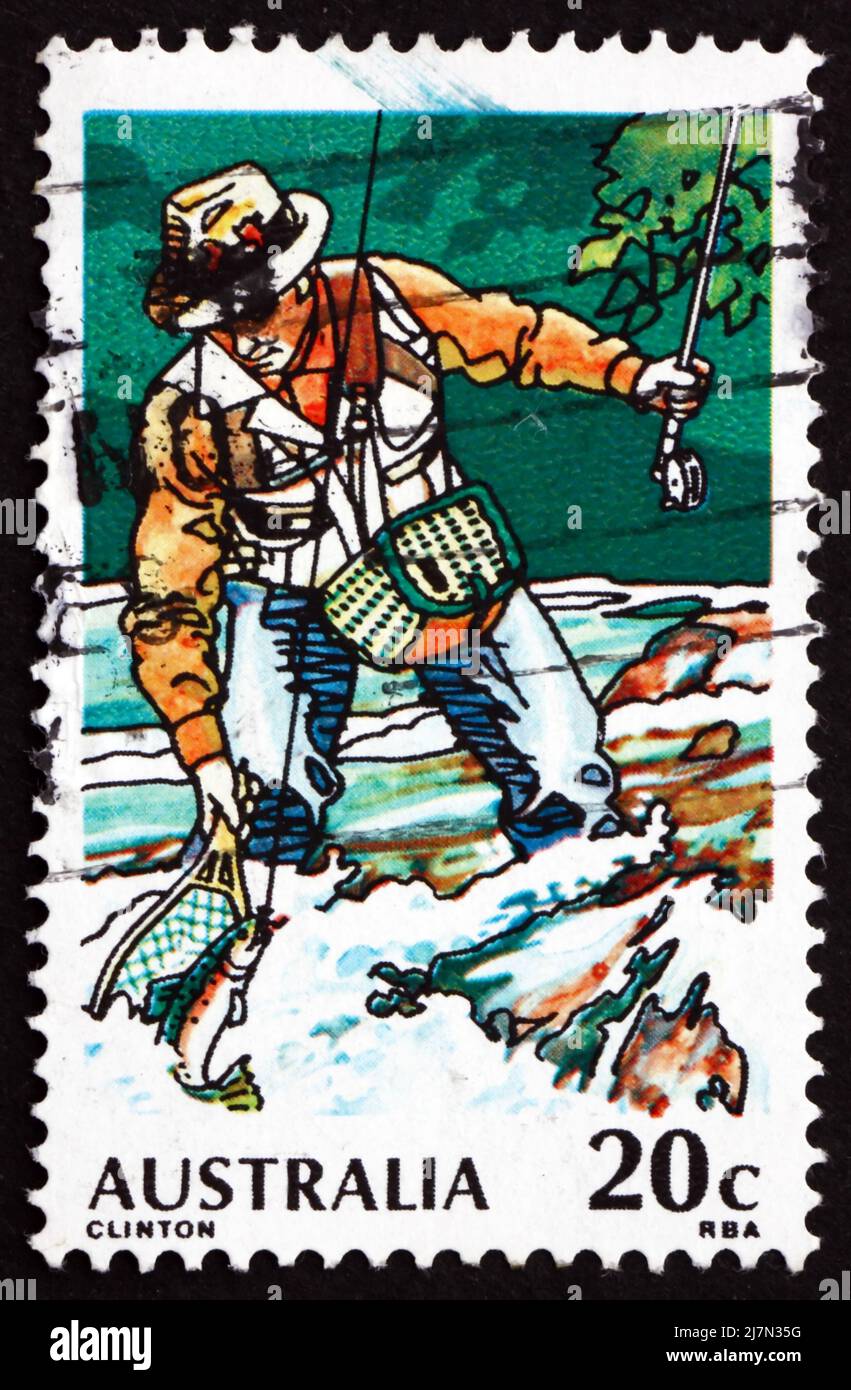 AUSTRALIA - CIRCA 1979: a stamp printed in the Australia shows Trout Fishing, Sport Fishing, circa 1979 Stock Photo