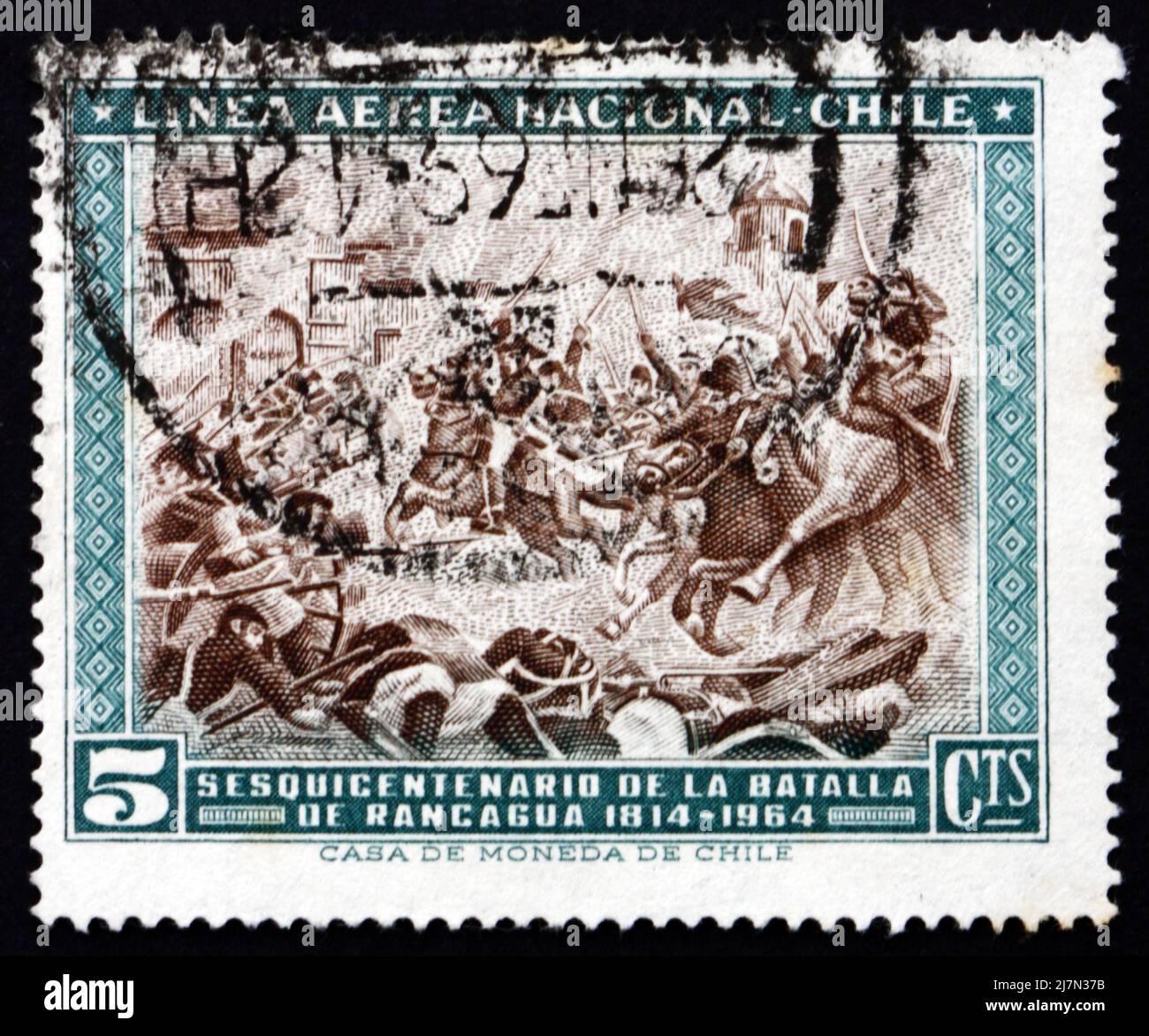 CHILE - CIRCA 1965: a stamp printed in the Chile shows Battle of Rancagua, Chilean War of Independence, 150th Anniversary, circa 1965 Stock Photo