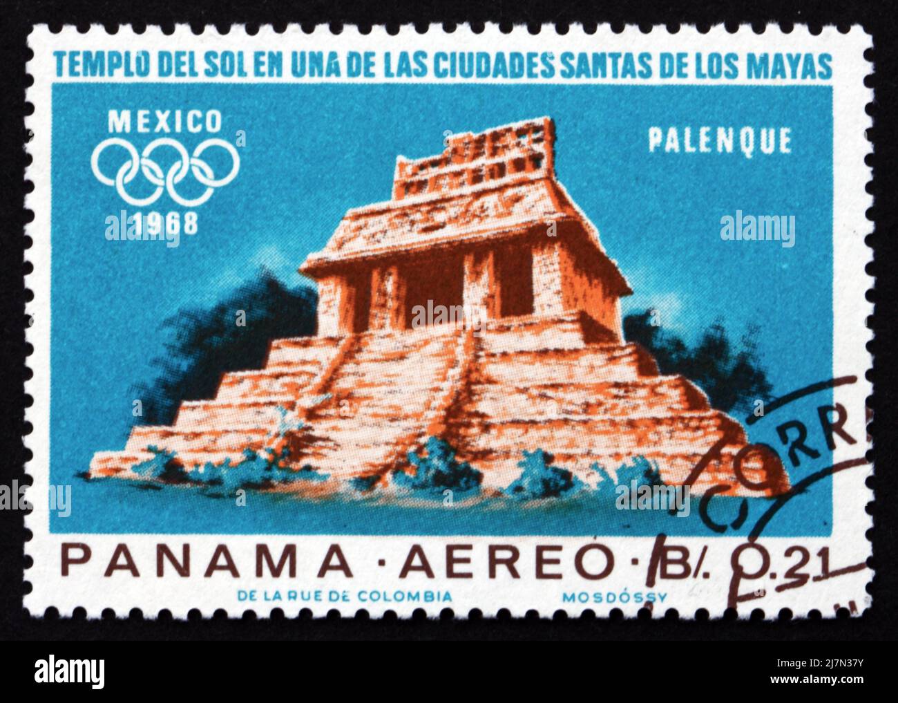 PANAMA - CIRCA 1967: a stamp printed in the Panama shows Indian Ruins at Palenque, Maya Culture, 1968 Summer Olympics, Mexico City, circa 1967 Stock Photo