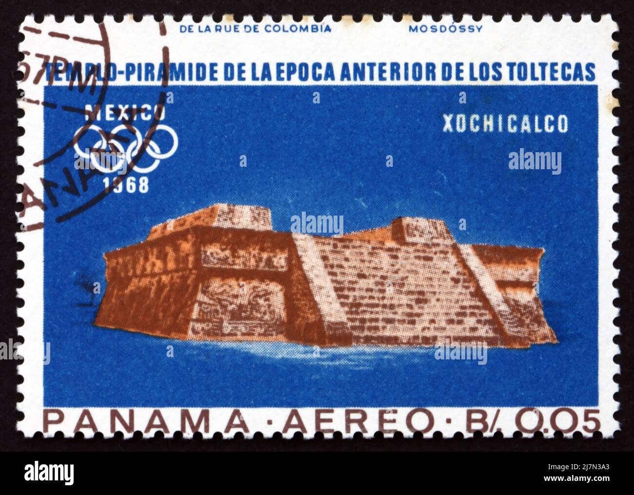 PANAMA - CIRCA 1967: a stamp printed in the Panama shows Indian Ruins at Xochicalco, Toltec Culture, 1968 Summer Olympics, Mexico City, circa 1967 Stock Photo
