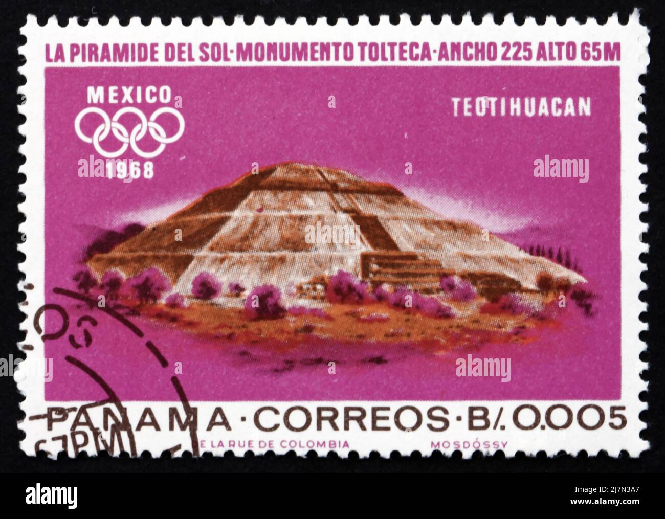 PANAMA - CIRCA 1967: a stamp printed in the Panama shows Indian Ruins at Teotihuacan, Toltec Culture, 1968 Summer Olympics, Mexico City, circa 1967 Stock Photo
