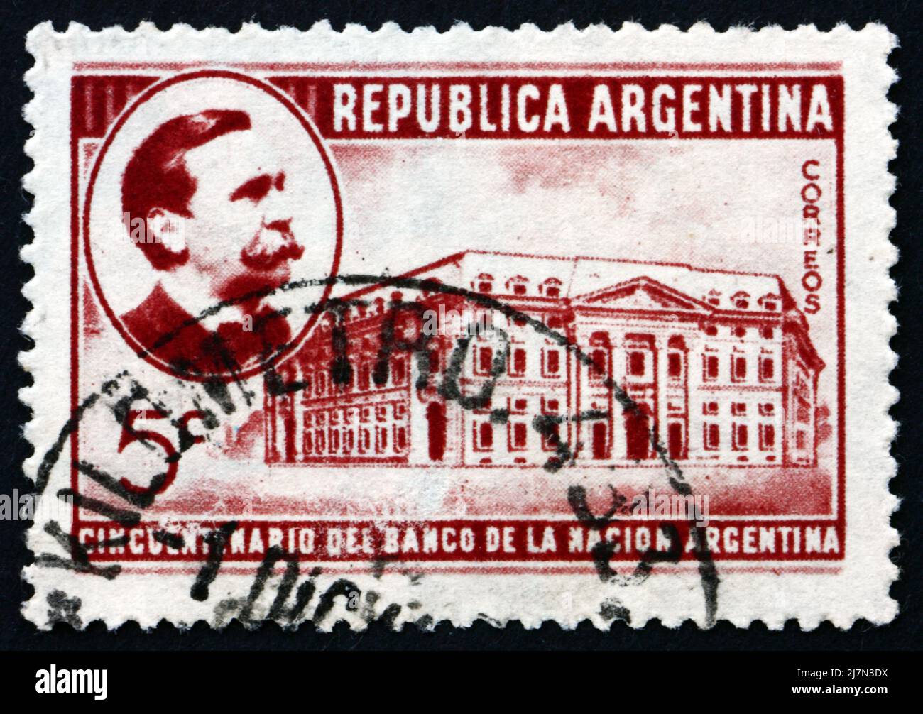 ARGENTINA - CIRCA 1941: a stamp printed in the Argentina shows Carlos Pellegrini and Bank of the Nation, 50th Anniversary of the Founding, circa 1941 Stock Photo