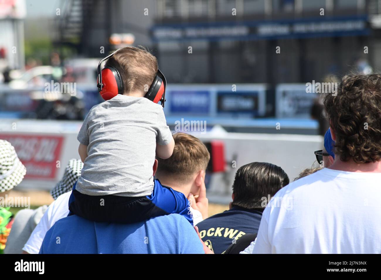A child sat on a mans shoulders at an event with red headphones, ear protectors on his head in a crowd of people, from the back Stock Photo