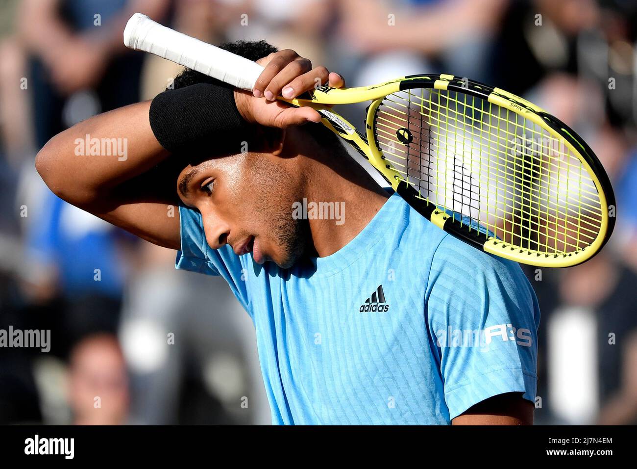 Rome, Italy. 10th May, 2022. Felix Auger-Aliassime of Canada reacts during  his second round match against Alejandro Davidovich Fokina of Spain at the  Internazionali BNL D'Italia tennis tournament at Foro Italico in
