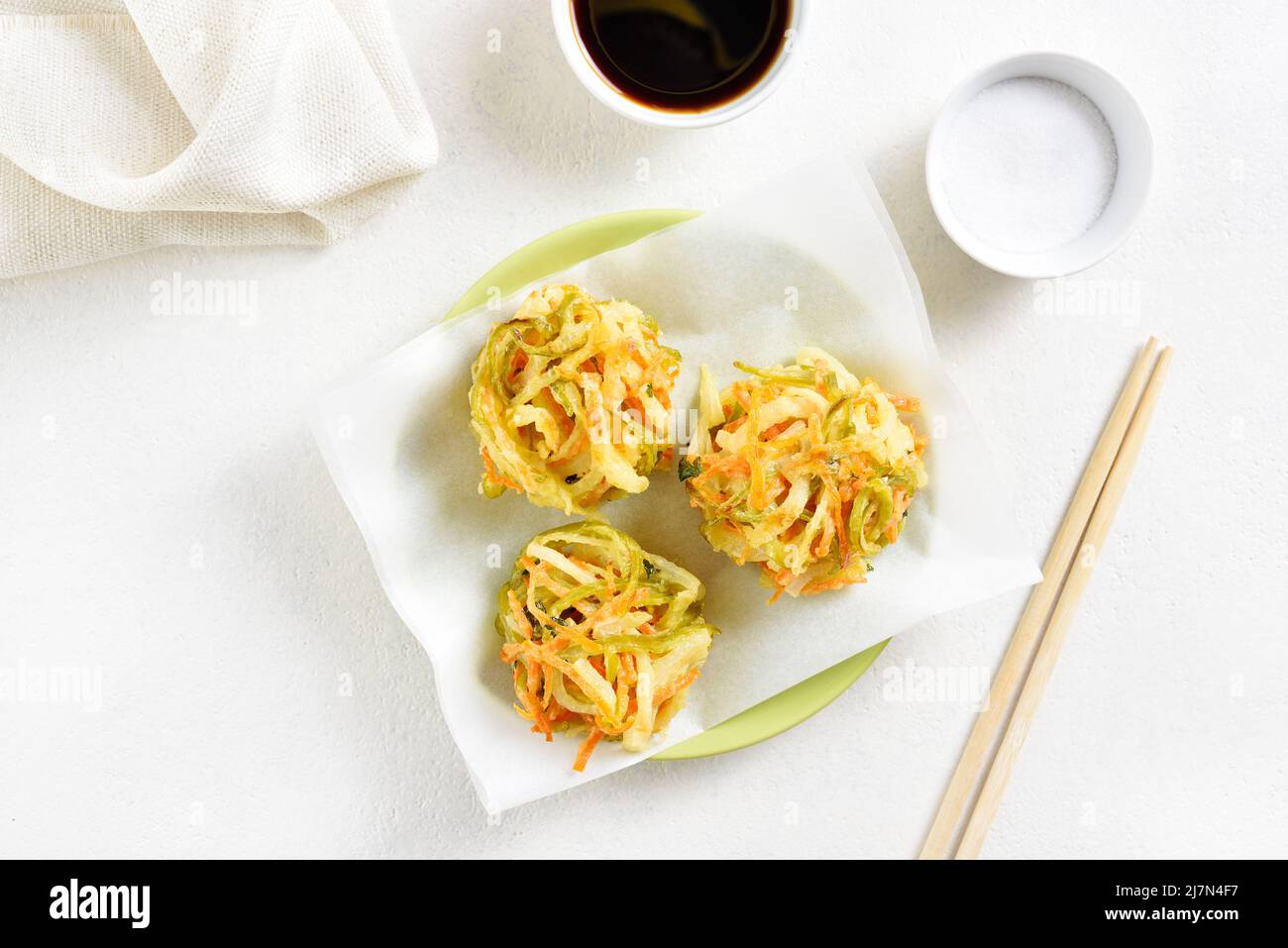 Japanese kakiage tempura. Deep fried vegetable in asian style. White