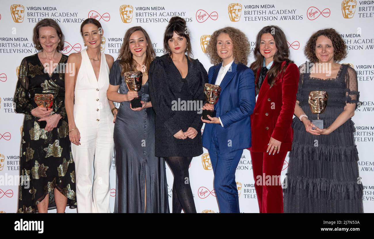 (L-R) Sophie Francis, guests, Molly Manners, Kayleigh Llewellyn, Jo Hartley and Nerys Evans, winners of the Drama Series Award for "In My Skin", pose Stock Photo