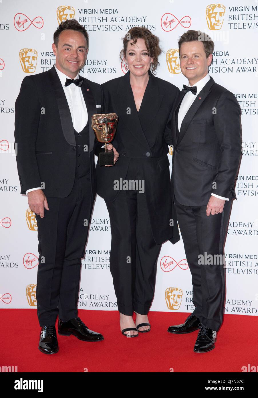 Olivia Colman (C) poses in the winner's room with Anthony McPartlin and Declan Donnelly, winners of the Entertainment Programme award for Ant & Dec's Stock Photo