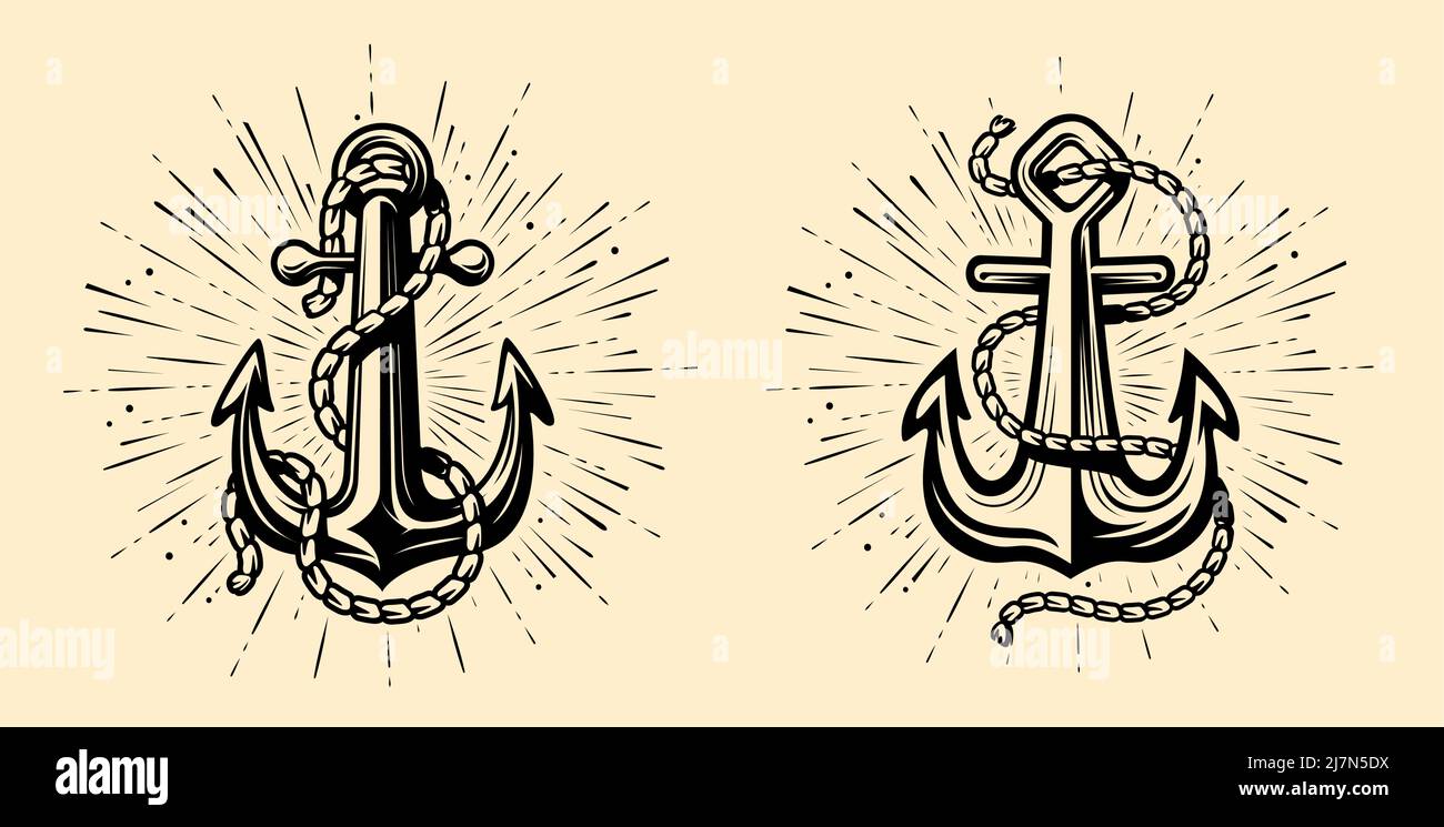 Nautical ship anchor with rope in vintage engraving style. Sketch vector illustration Stock Vector