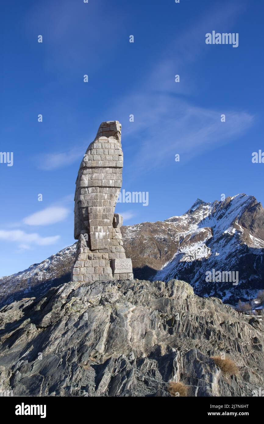 Simplon, Switzerland - December 2015: Swiss alps - Simplon Pass and eagle statue, which is built in memory of pass building workers. Stock Photo