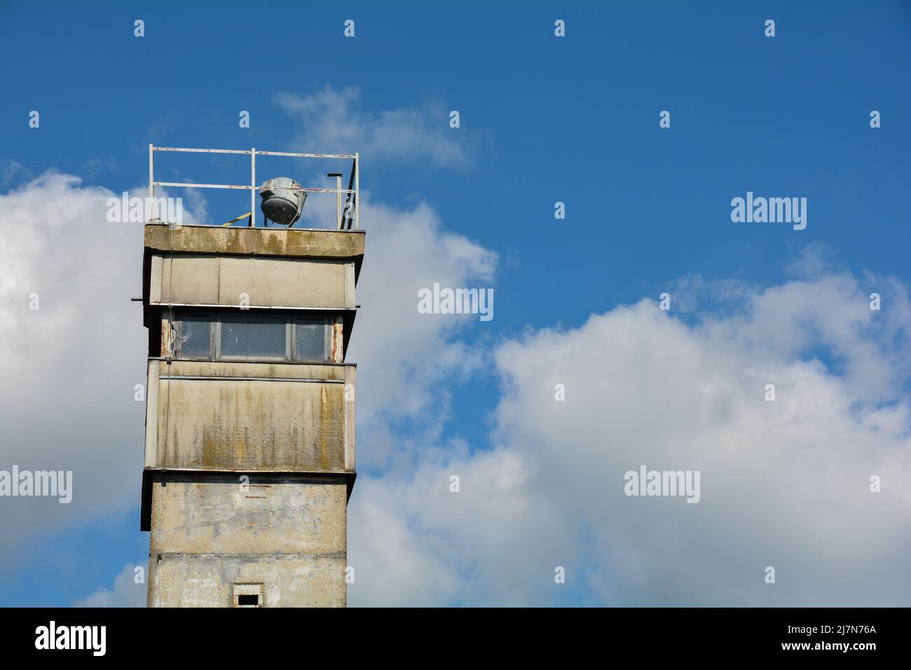 An old border watchtower of a former GDR border fortification, at the border triangle of Hesse, Thuringia and Bavaria, not far from the Black Moor in Stock Photo