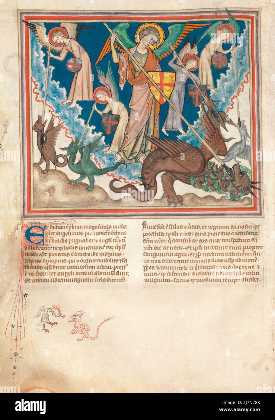 The Cloisters Apocalypse ca. 1330  - The Apocalypse, or Book of Revelation,  John the Evangelist , giovanni evangelista, during his exile on the Greek island of Patmos. In this Image the War in Heaven Stock Photo