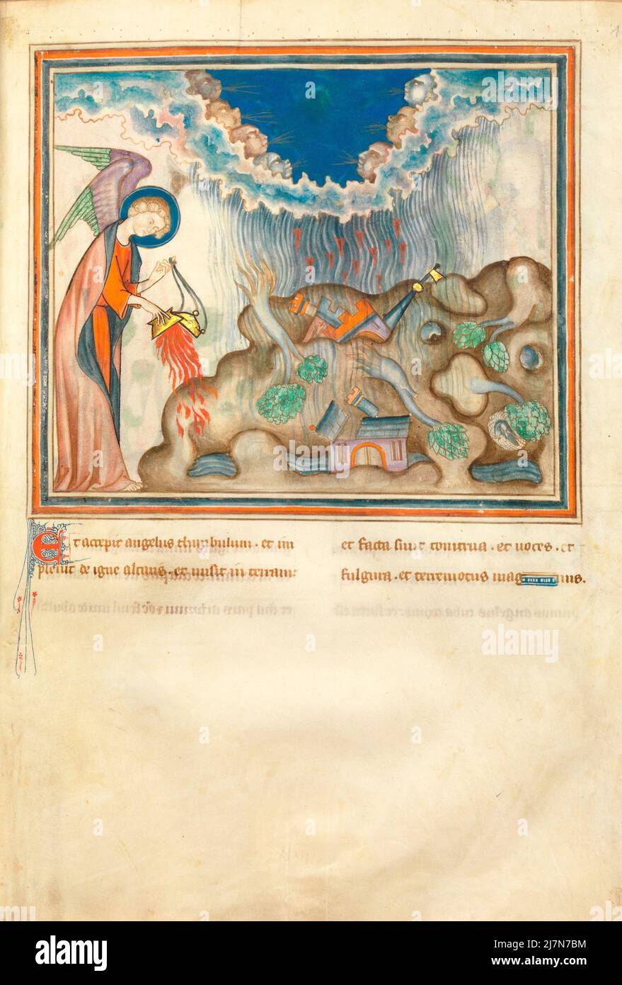 The Cloisters Apocalypse ca. 1330  - The Apocalypse, or Book of Revelation,  John the Evangelist , giovanni evangelista, during his exile on the Greek island of Patmos. In this Image -The Emptying of the Censer Stock Photo