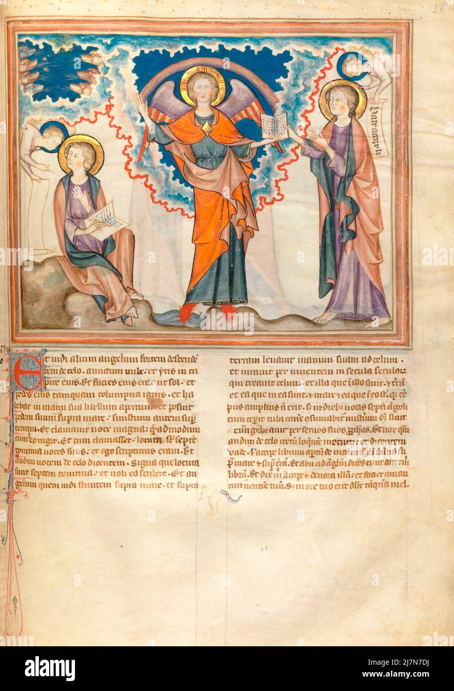 The Cloisters Apocalypse ca. 1330  - The Apocalypse, or Book of Revelation,  John the Evangelist , giovanni evangelista, during his exile on the Greek island of Patmos. In this Image - The Angel with the Book Stock Photo