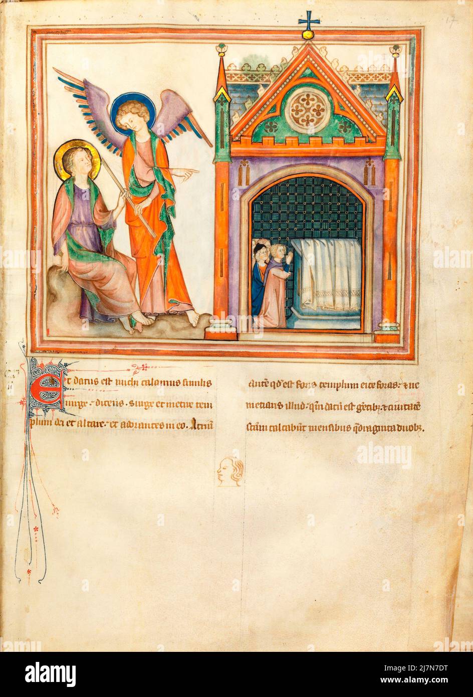 The Cloisters Apocalypse ca. 1330  - The Apocalypse, or Book of Revelation,  John the Evangelist , giovanni evangelista, during his exile on the Greek island of Patmos. In this Image-  The Two Witnesses  The Measuring of the Temple  The Measuring of the Temple Stock Photo