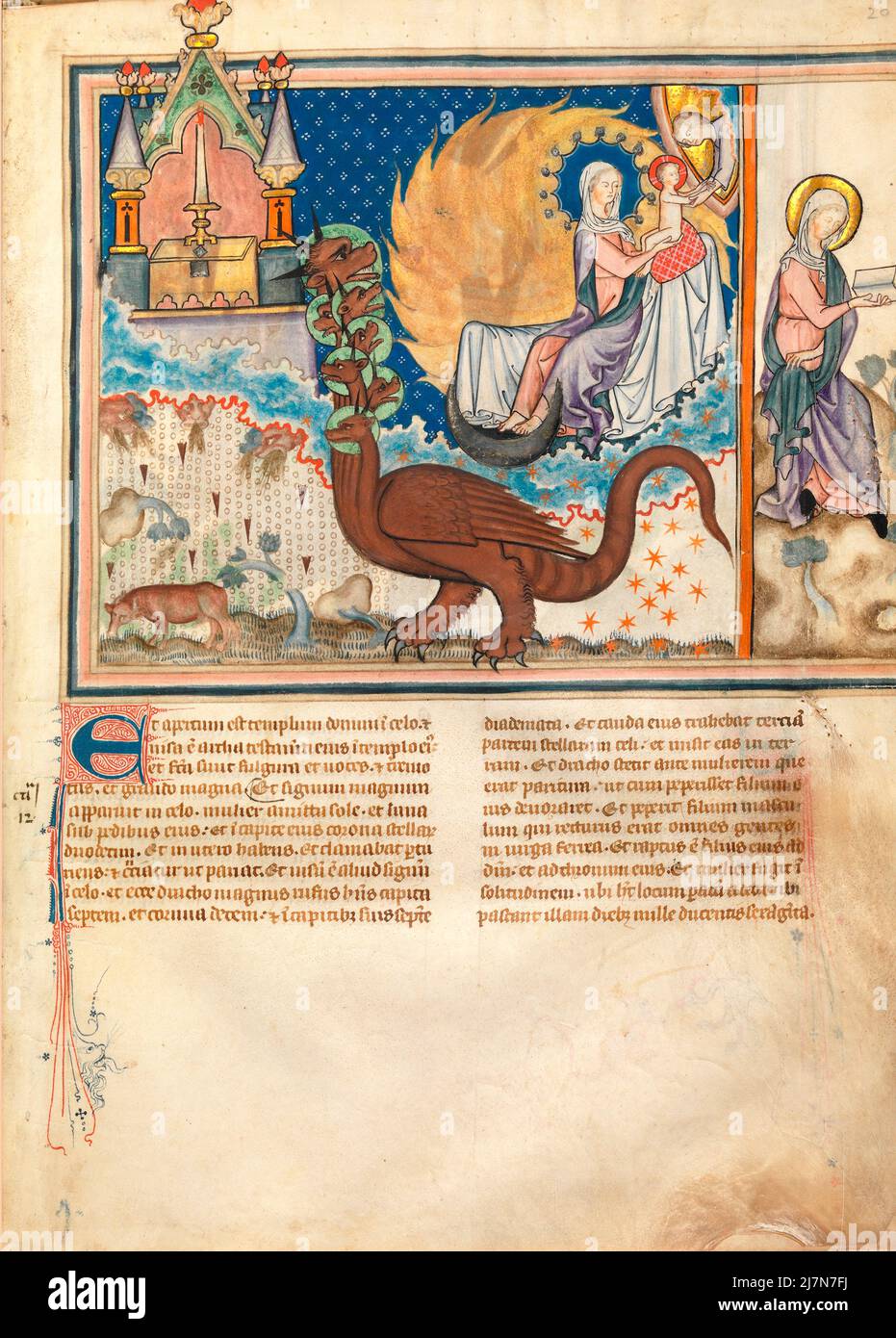 The Cloisters Apocalypse ca. 1330  - The Apocalypse, or Book of Revelation,  John the Evangelist , giovanni evangelista, during his exile on the Greek island of Patmos. In this Image-War in Heaven Stock Photo