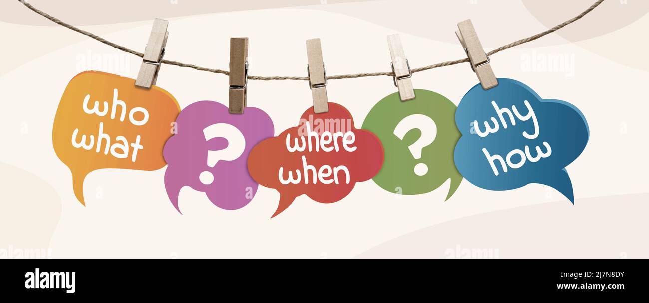 Colorful speech bubble hanging with clothespins with question text Who What Where When Why How and question mark.Investigate analyze and solve concept Stock Photo
