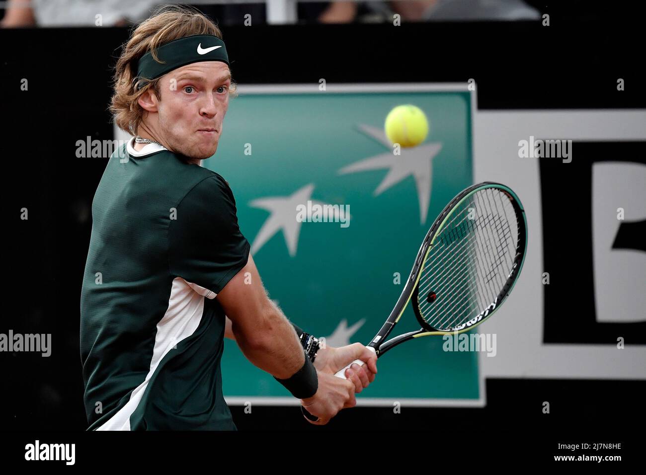 Rome, Italy. 10th May, 2022. Andrey Rublev of Russia returns to Filip  Krajinovic of Serbia during their second round match at the Internazionali  BNL D'Italia tennis tournament at Foro Italico in Rome,