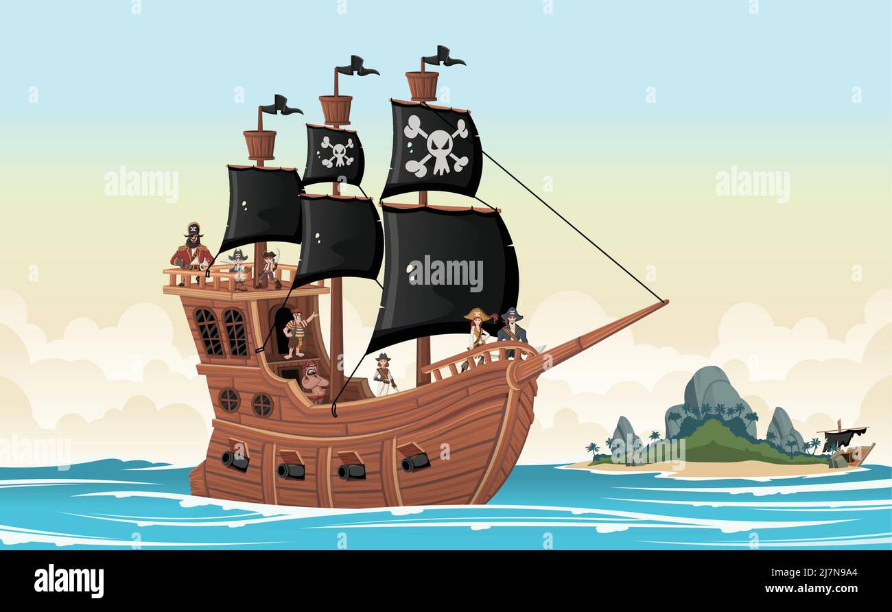 Group of cartoon pirates on a ship at the sea Stock Vector Image & Art ...