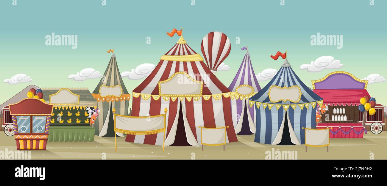 Retro cartoon circus with tents. Vintage carnival background Stock