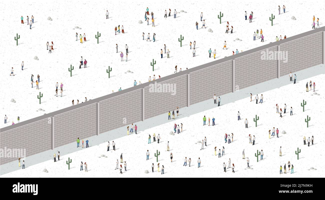 Two groups of people separated by wall. Brick wall dividing people. Stock Vector