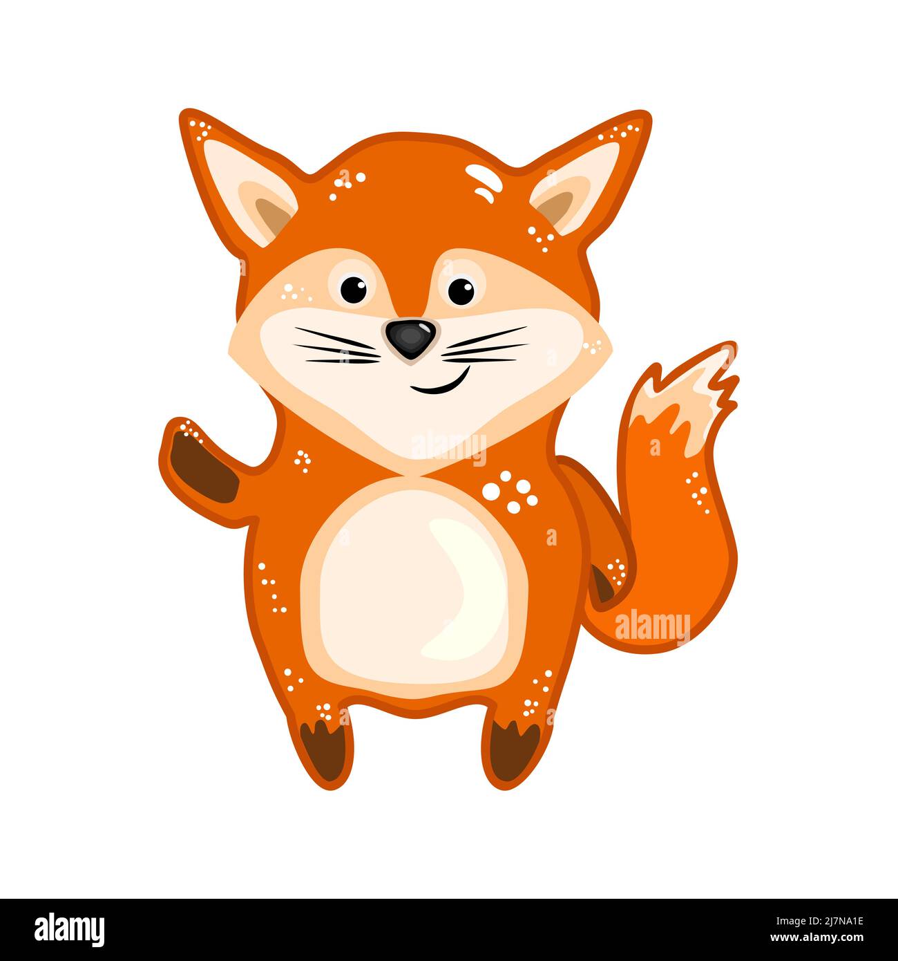 Fox isolated on white background. Red fox cub waving hand. Forest animal symbol. Funny little vixen standing and smiling. Cartoon cute baby fox.Vector Stock Vector