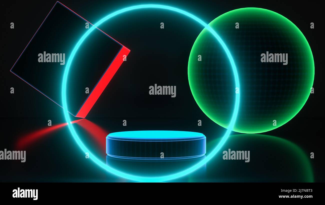 podium and various basic objects neon glowing (3d rendering) Stock Photo